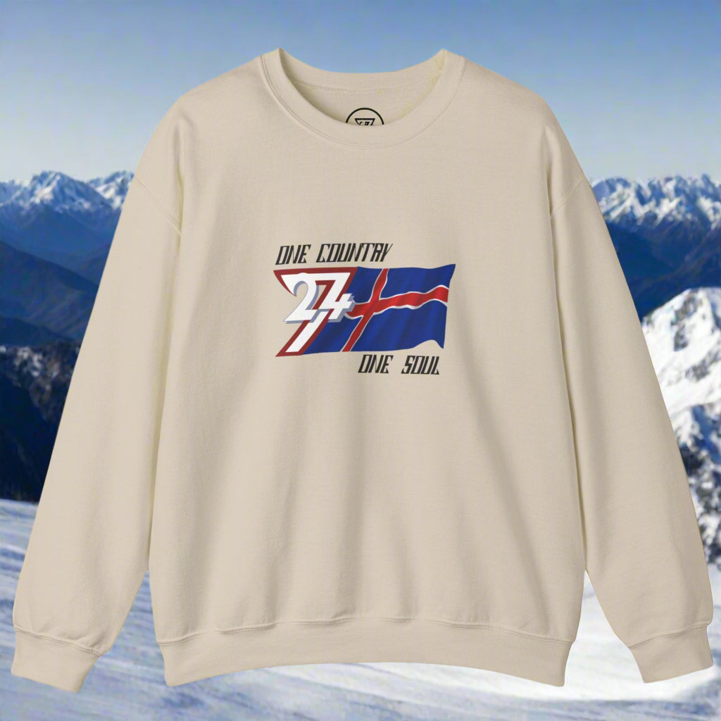 Unisex cream crewneck sweatshirt featuring hand-drawn Iceland flag design with "One nation one soul" slogan, cozy heavy blend fabric.