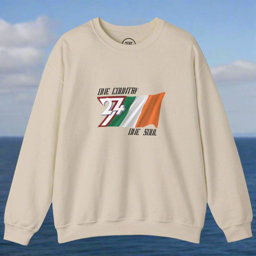 Unisex cream sweatshirt featuring Ireland flag with "One country one soul" slogan, soft cotton-polyester blend.