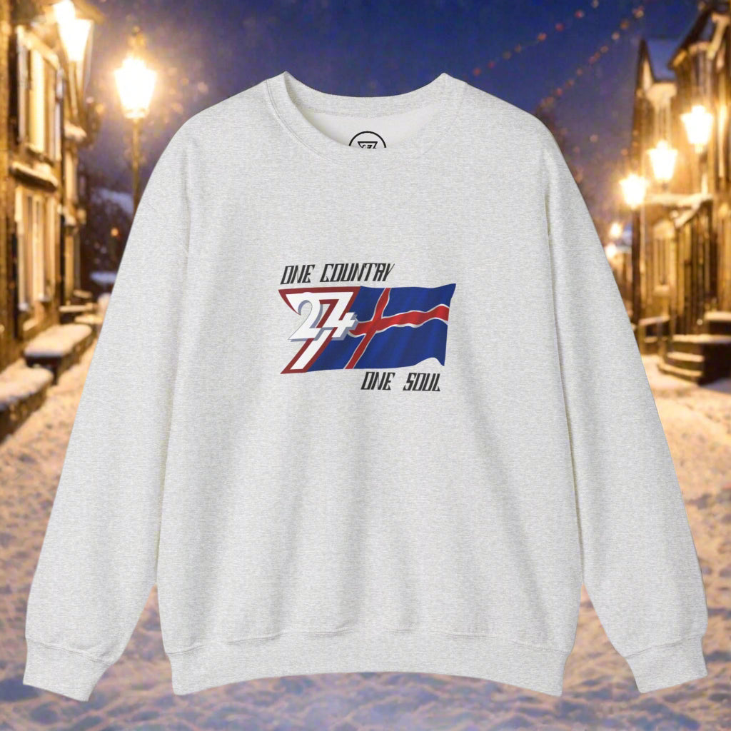 Unisex gray crewneck sweatshirt with hand-drawn Iceland flag and "One country one soul" slogan design
