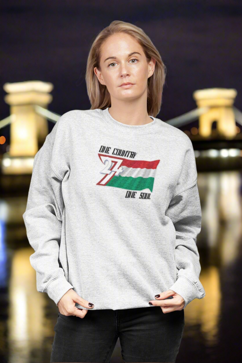 Unisex gray sweatshirt with Hungary flag and "One Country One Soul" text, cozy and casual wear for national pride