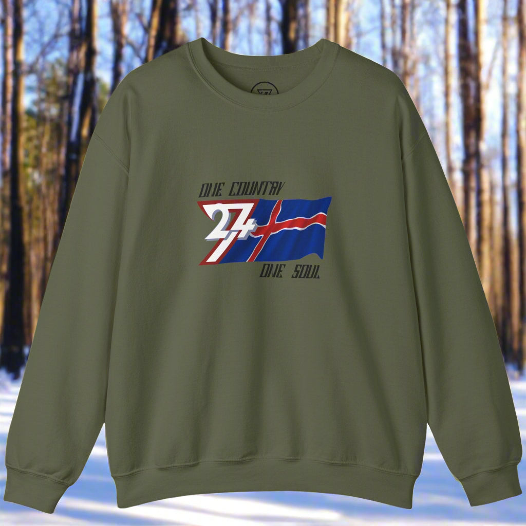 Unisex olive crewneck sweatshirt featuring a hand-drawn Iceland flag and "One nation one soul" slogan design.