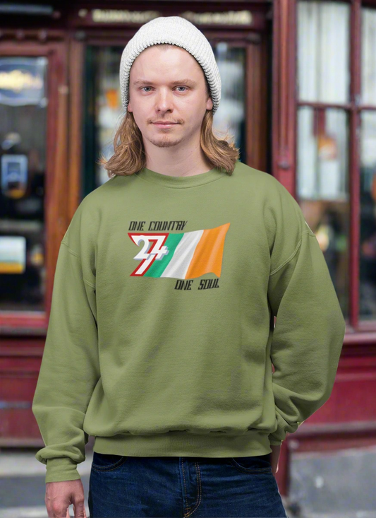 Unisex olive green sweatshirt featuring Ireland flag graphic with "One nation one soul" slogan, casual fit, and crew neckline.