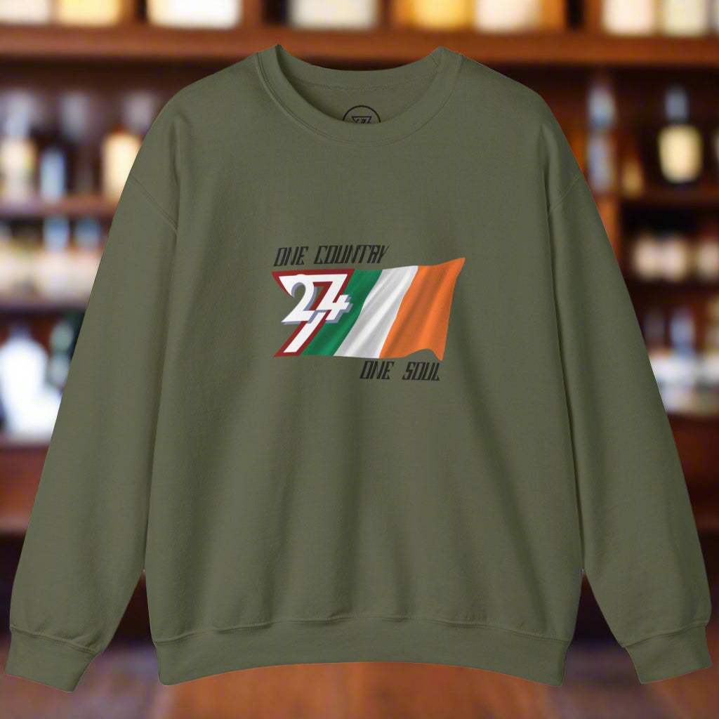 Unisex olive sweatshirt featuring Ireland flag and "One nation one soul" slogan for national pride