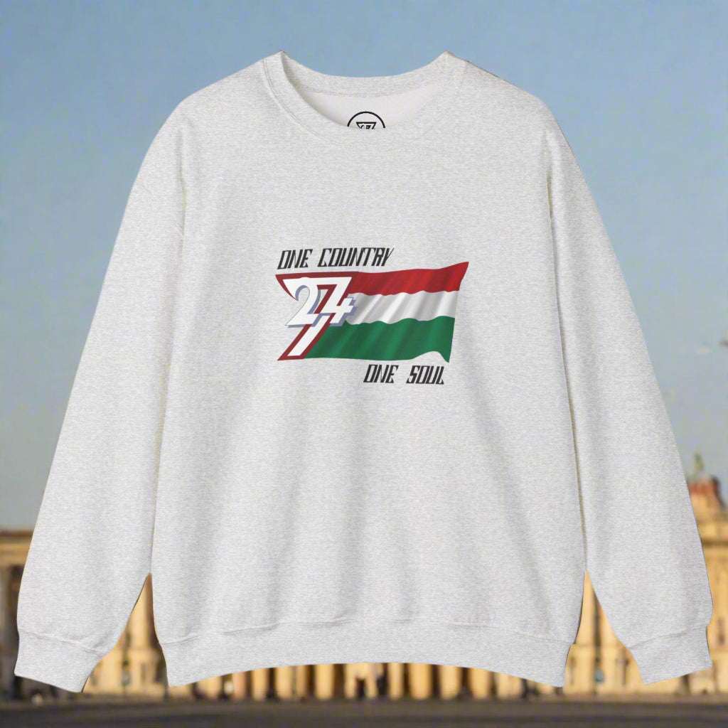 Unisex sweatshirt featuring Hungary flag design with "One Country One Soul" text, made from cotton-polyester blend for cooler weather.