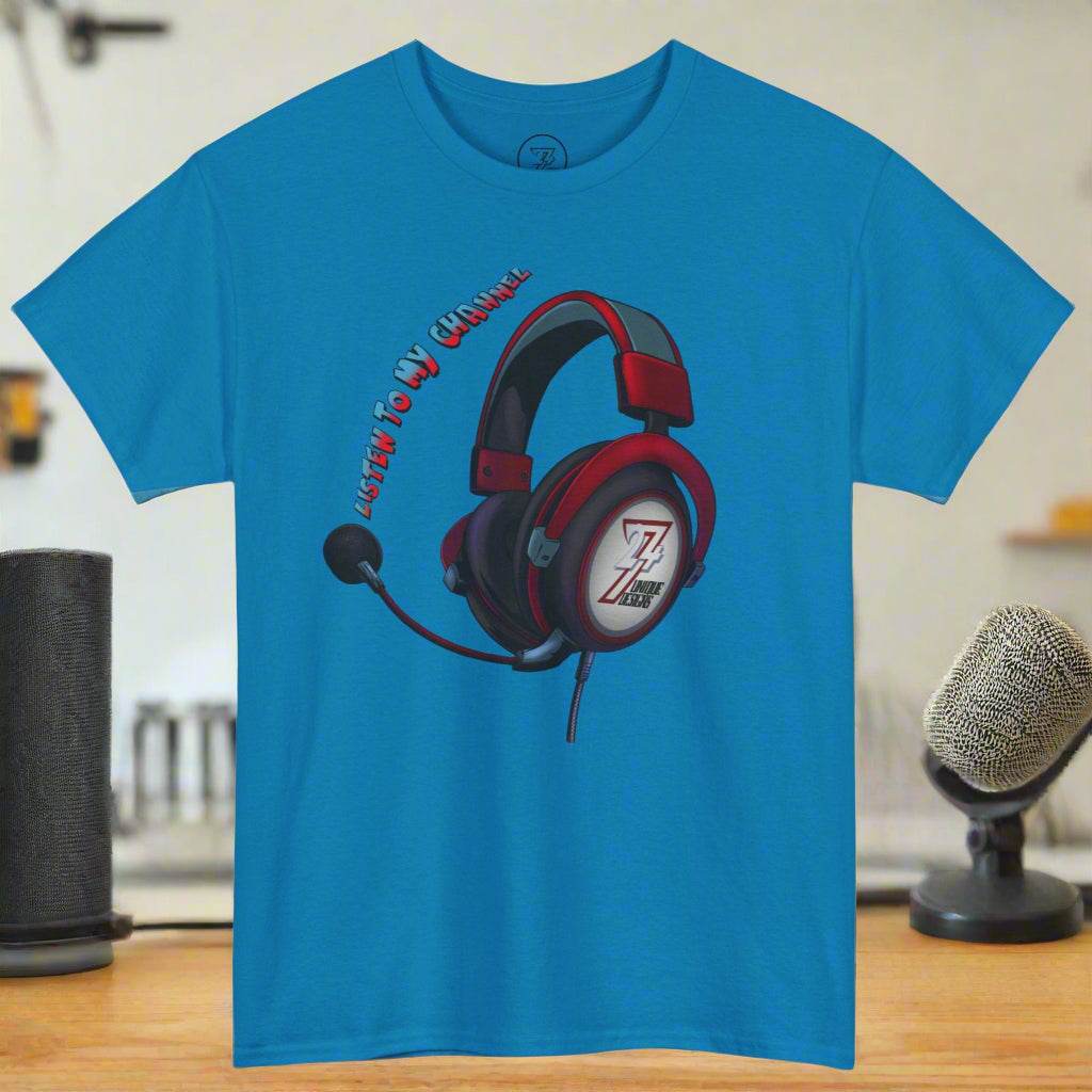 Blue custom t-shirt with red and black headphone graphic and "Listen To My Channel" text design