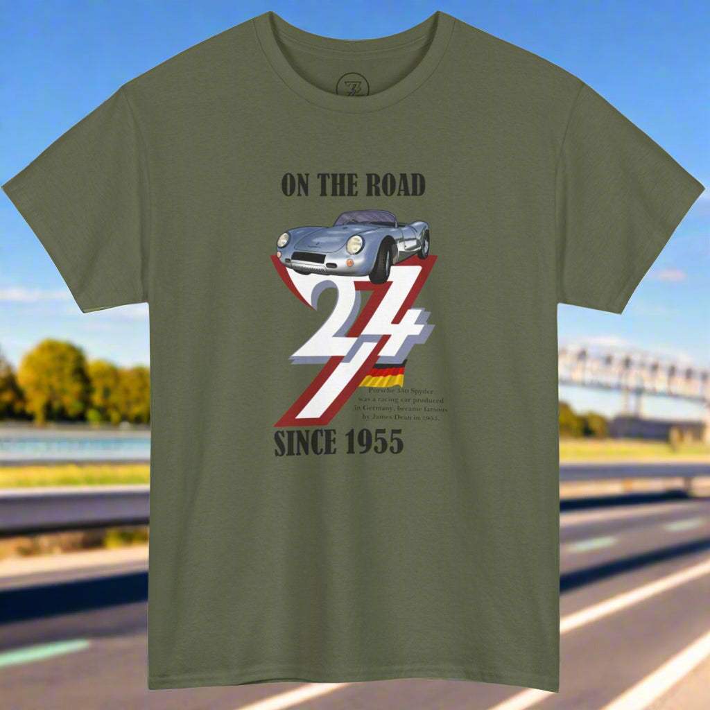 Vintage Porsche tee featuring 1955 car design with "On The Road 24/7 Since 1955" text on olive green fabric
