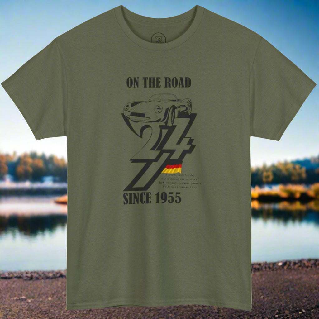 Vintage Porsche tee in olive green with black 1955 car illustration and "On The Road 24/7 Since 1955" text design.