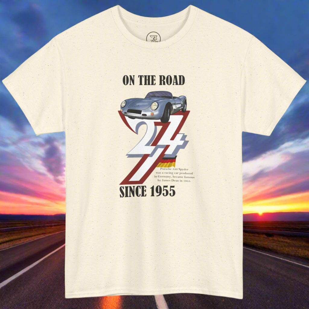 Vintage Porsche tee with 1955 Porsche 356 design and "On the Road 24/7 Since 1955" text on white cotton shirt