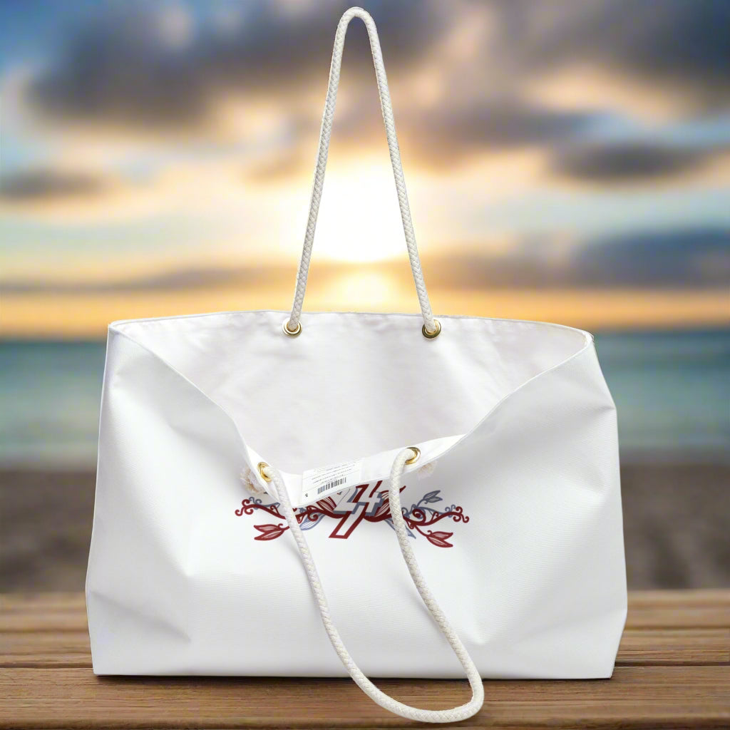 Weekender Bag with Floral 24/7 Logo design side view open