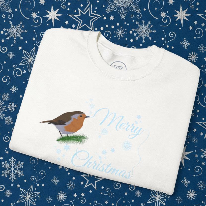 White Christmas robin sweatshirt with festive bird design and "Merry Christmas" text on snowflake background