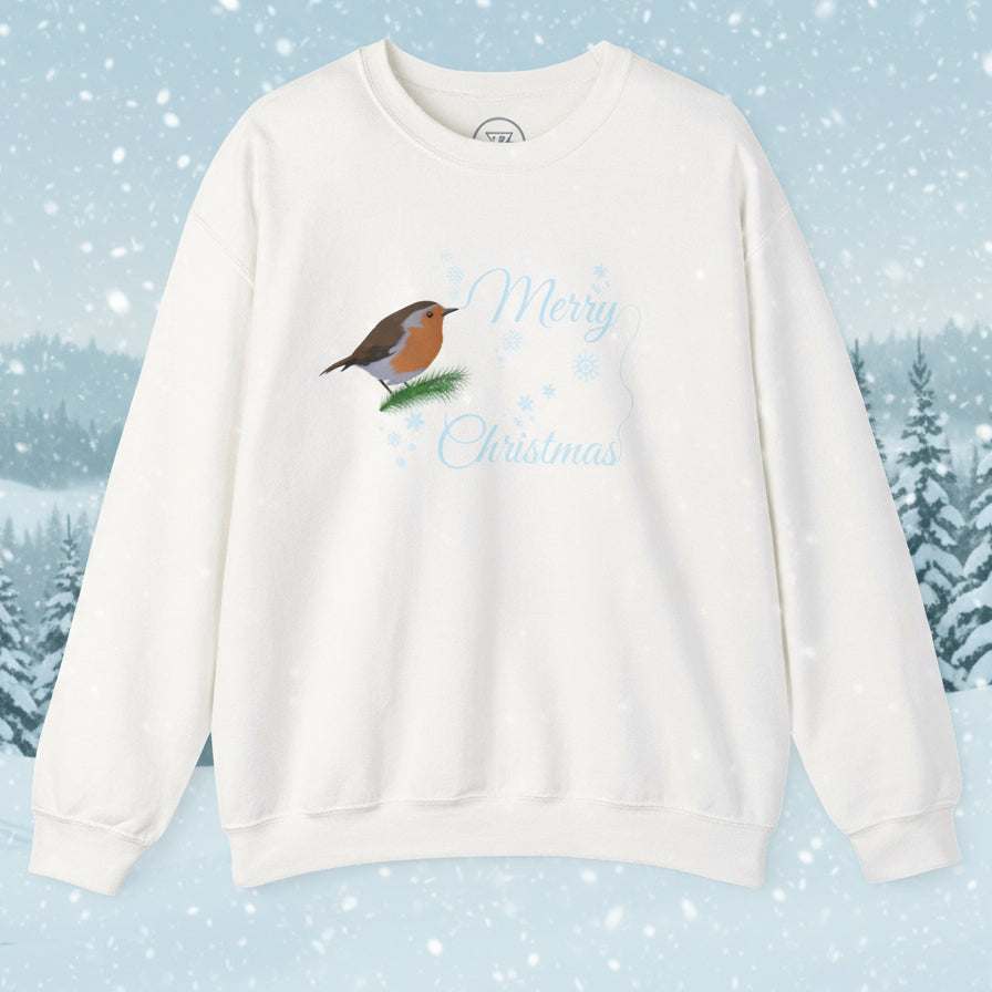 White Christmas robin sweatshirt with festive bird design and "Merry Christmas" text on snowy background