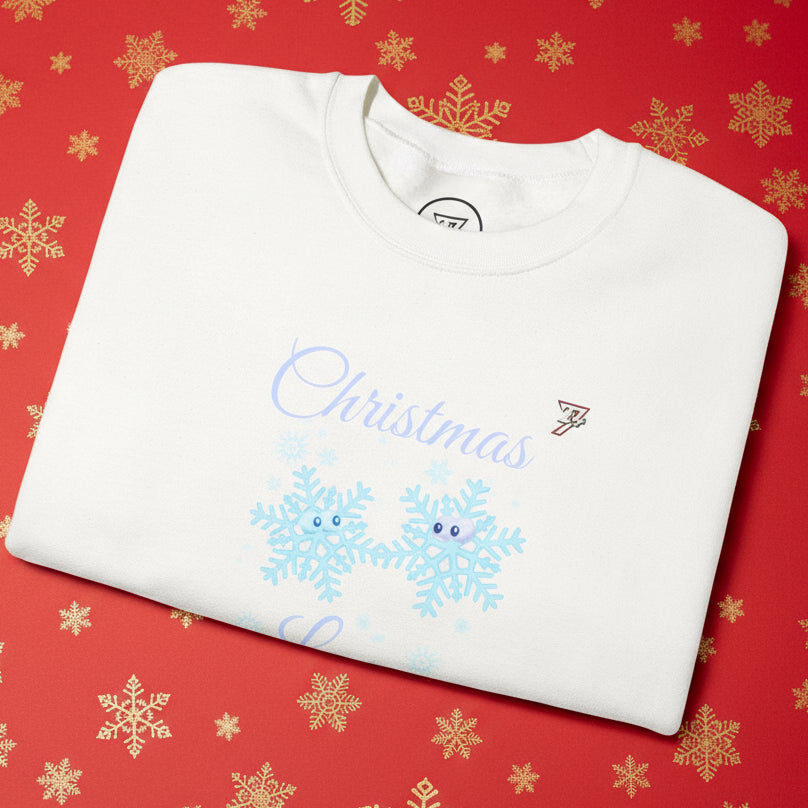 White Christmas sweatshirt with blue snowflakes holding hands on red snowflake background