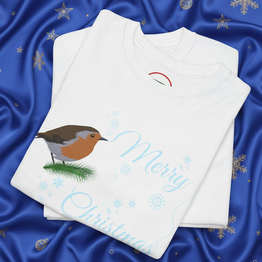 White Christmas tee with hand-drawn robin and Merry Christmas text, festive holiday design