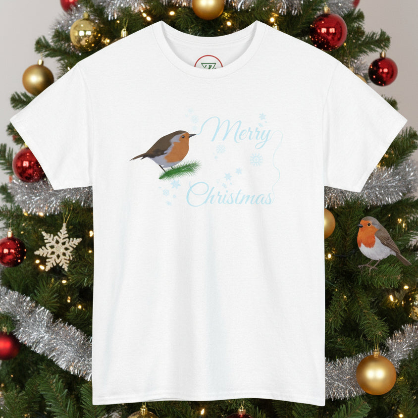 White Christmas tee with hand-drawn robin design and "Merry Christmas" text, festive holiday shirt for adults