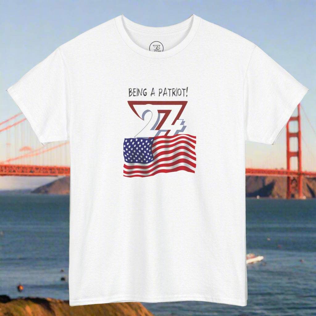 White USA Flag t-shirt with patriotic design and "Being a Patriot" text by 24/7 Unique Designs