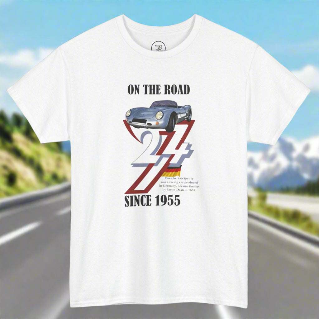 White Vintage Porsche tee with 1955 classic car design and "On The Road Since 1955" text