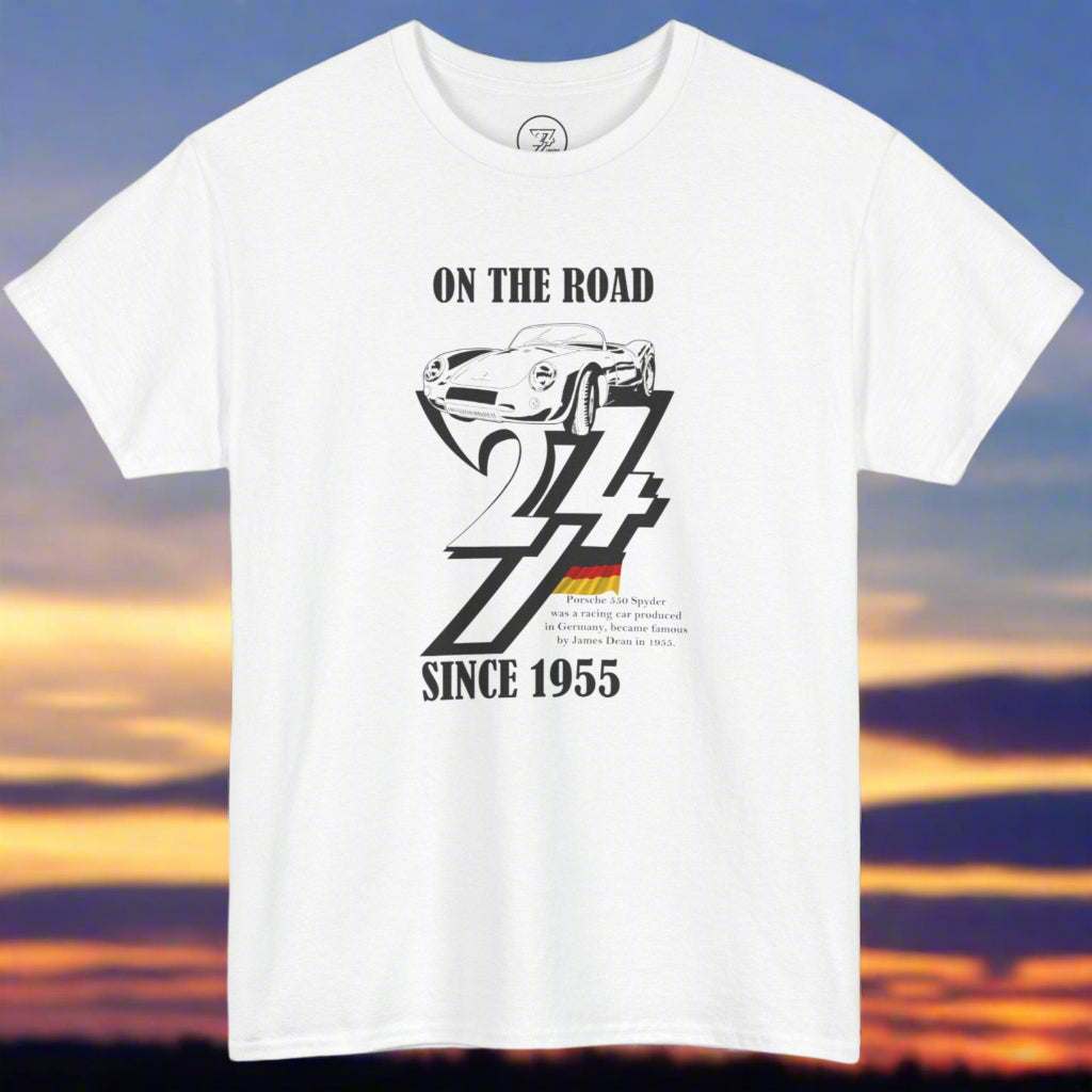 White Vintage Porsche tee with black 1955 car illustration and "On The Road 24/7 Since 1955" text, retro birthday gift design