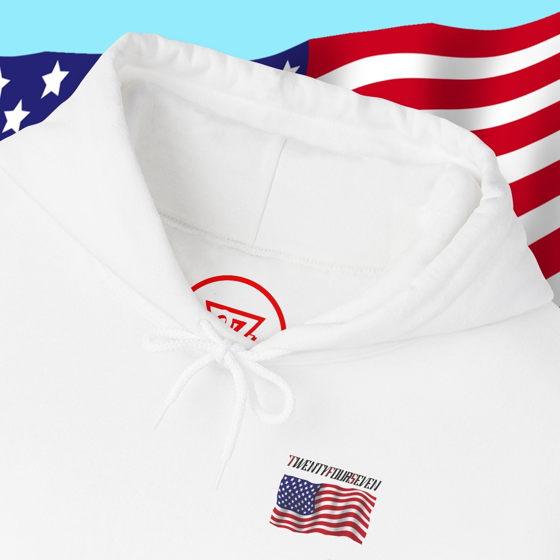 White american flag hoodie with adjustable drawstring hood and US flag design front logo