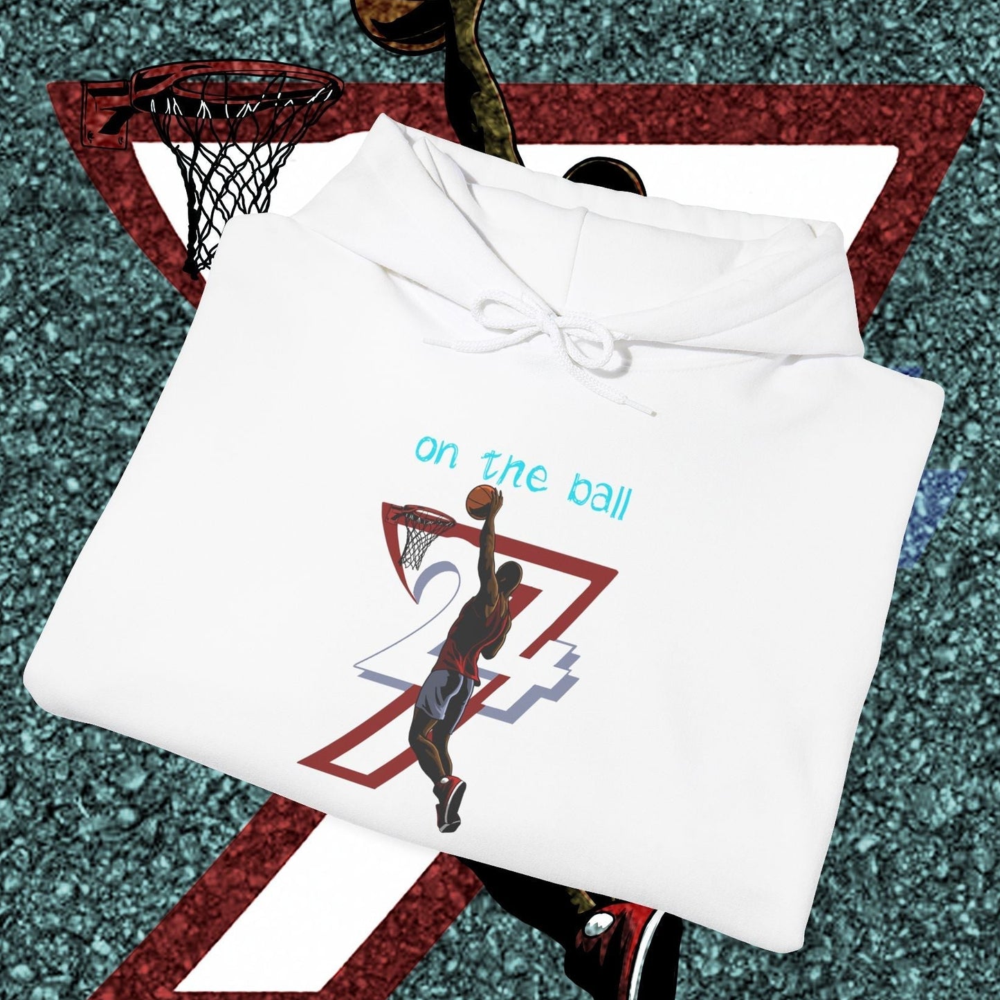 White basketball hoodie with unique hand-drawn basketball player and "on the ball" text design for training and streetwear