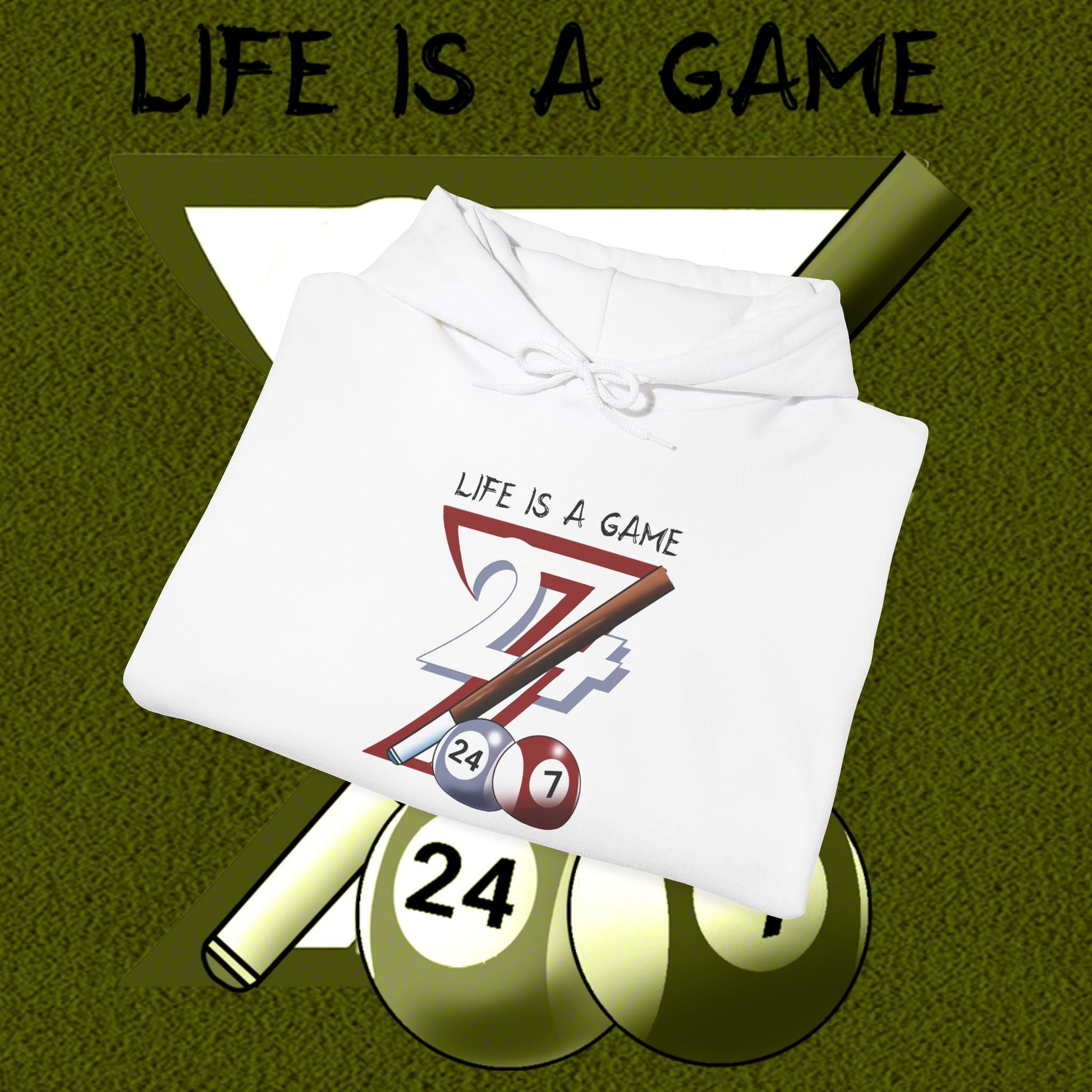White billiards hoodie with hand-drawn pool game design and "Life is a Game" text