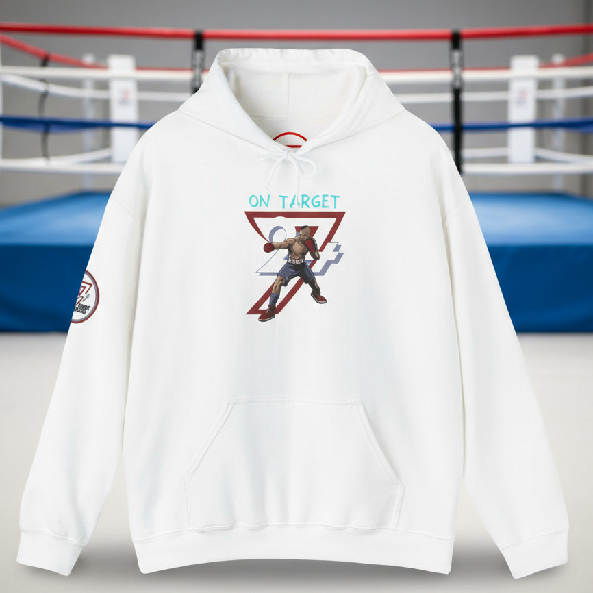 White boxing hoodie with hand-drawn boxer design, front kangaroo pocket, and adjustable hood for sports training and casual wear