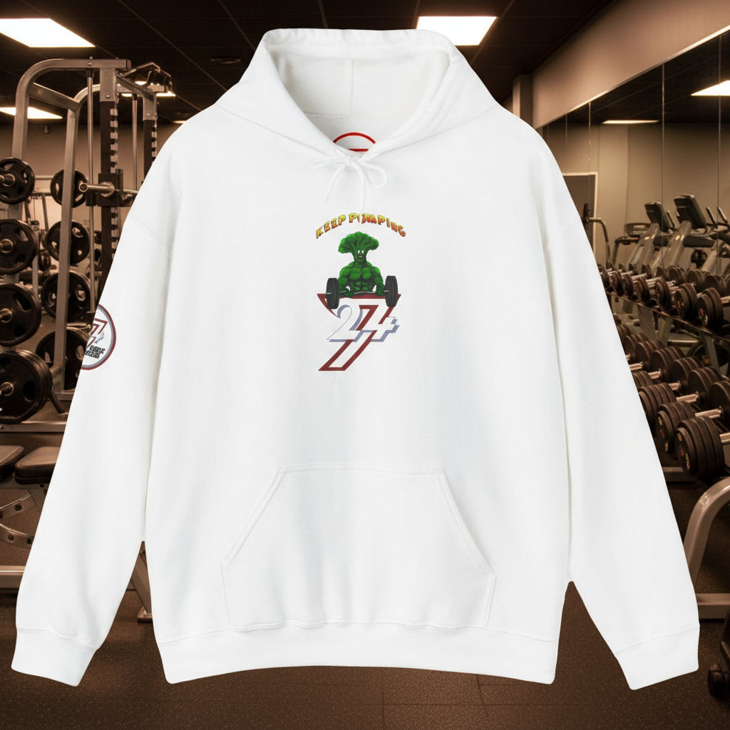 White broccoli hoodie with cartoon design and kangaroo pocket by 24/7 Unique Designs