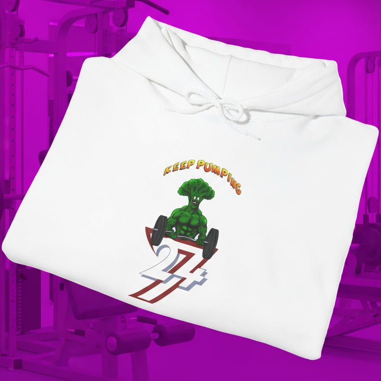 White broccoli hoodie with cartoon muscle figure and "Keep Pumping" text folded on white background