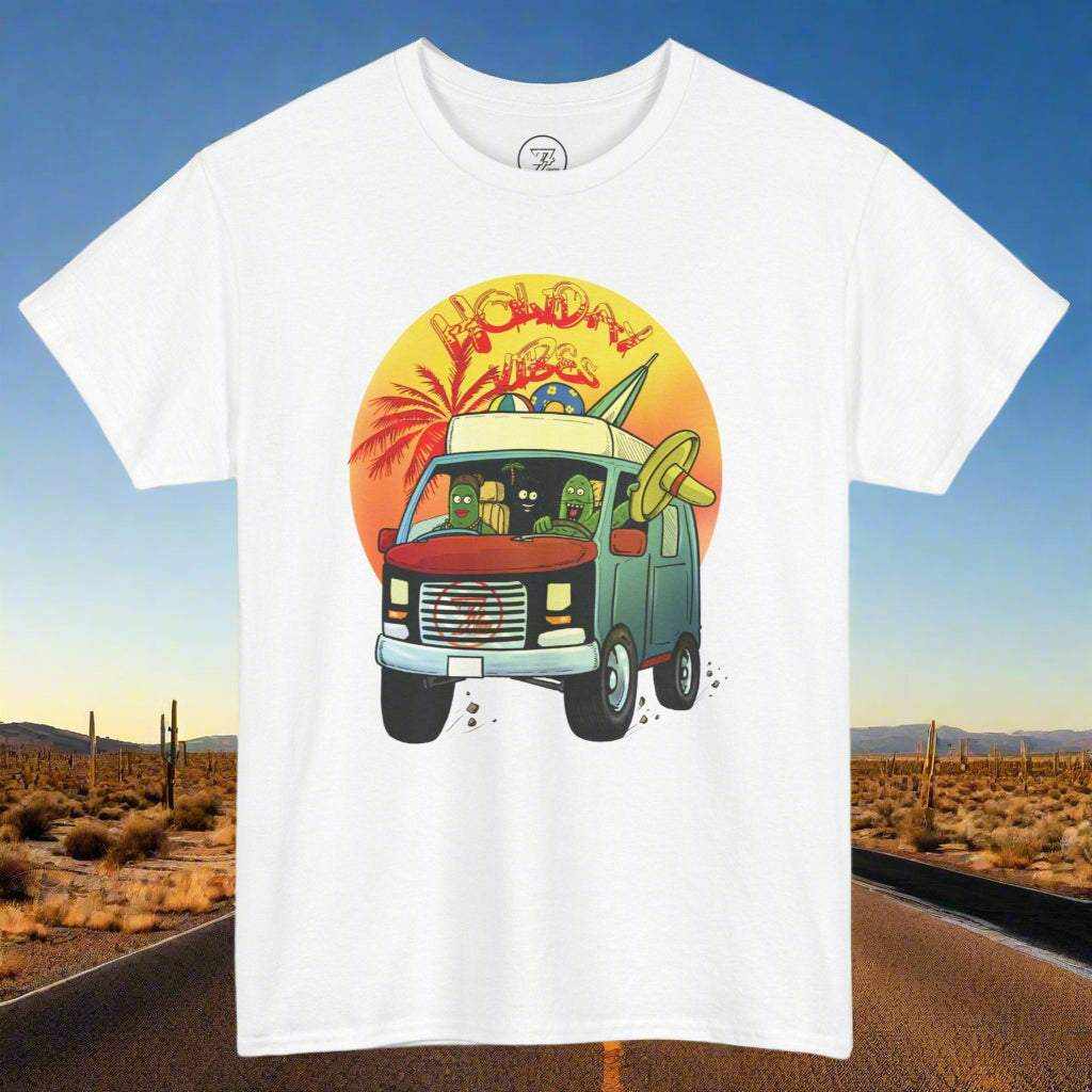 White cactus shirt featuring Leonando cartoon character driving a camper van with sunset and palm trees background, summer vacation design