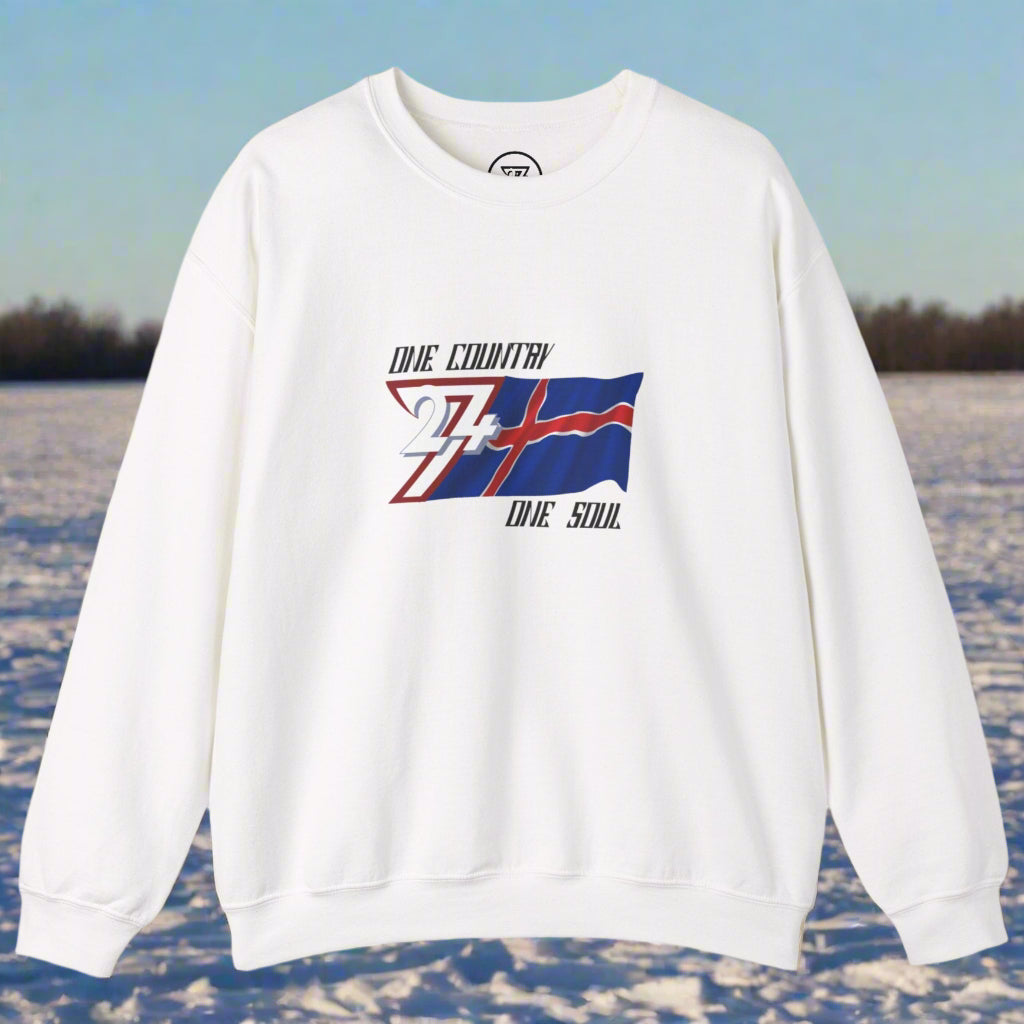 White crewneck sweatshirt featuring a hand-drawn Iceland flag design with the slogan "One nation one soul"