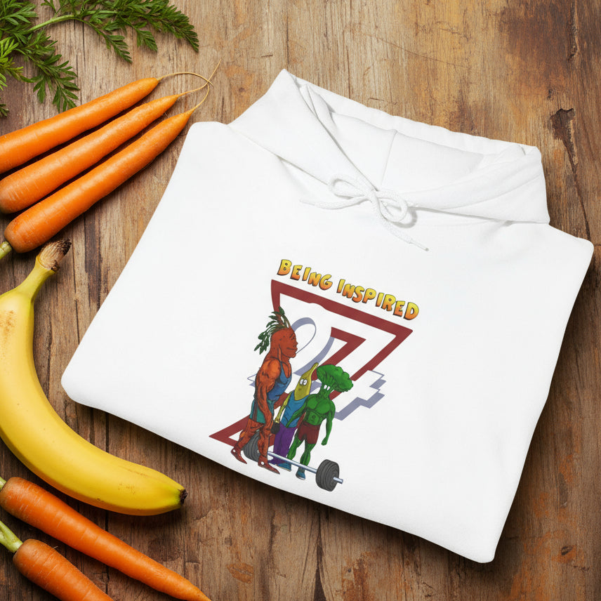 White custom hoodie with funny banana and broccoli workout comic characters and "Being Inspired" text design