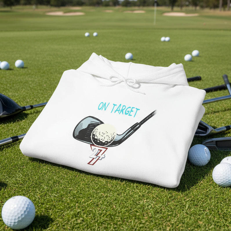 White golf hoodie with hand-drawn golf club and ball design and "On Target" text