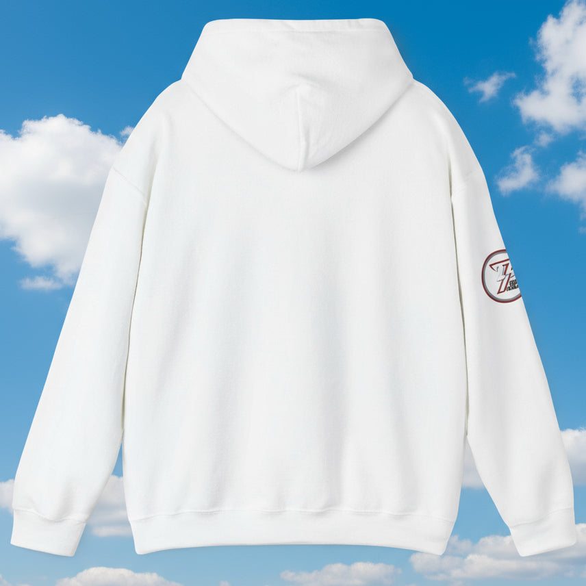 White golf hoodie with hood, kangaroo pocket, and hand-drawn golf design by 24/7 Unique Designs