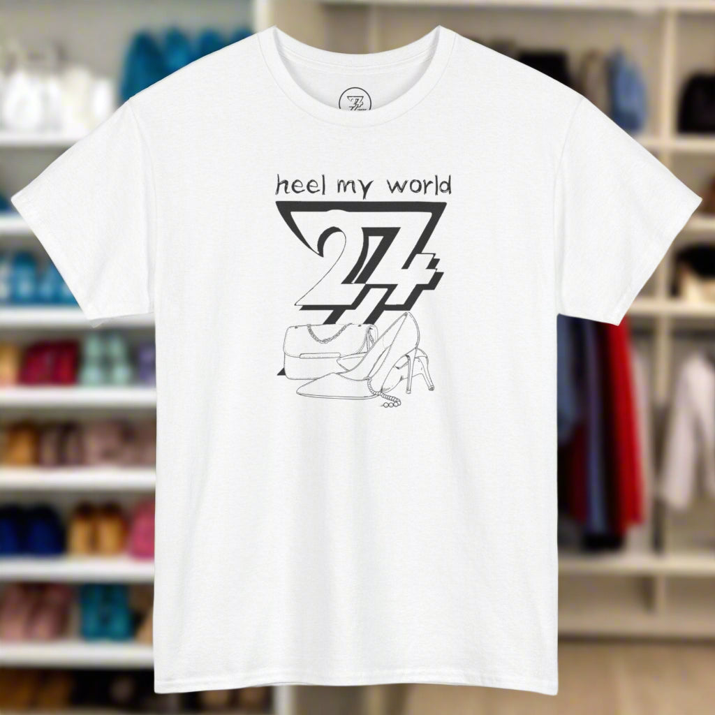 White graphic tee with black outline illustration of high heel shoe and handbag with "heel my world" quote