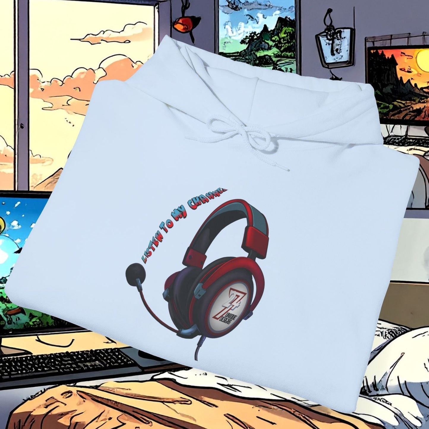 White headset hoodie with red and black headphone design folded on an illustrated gaming room background