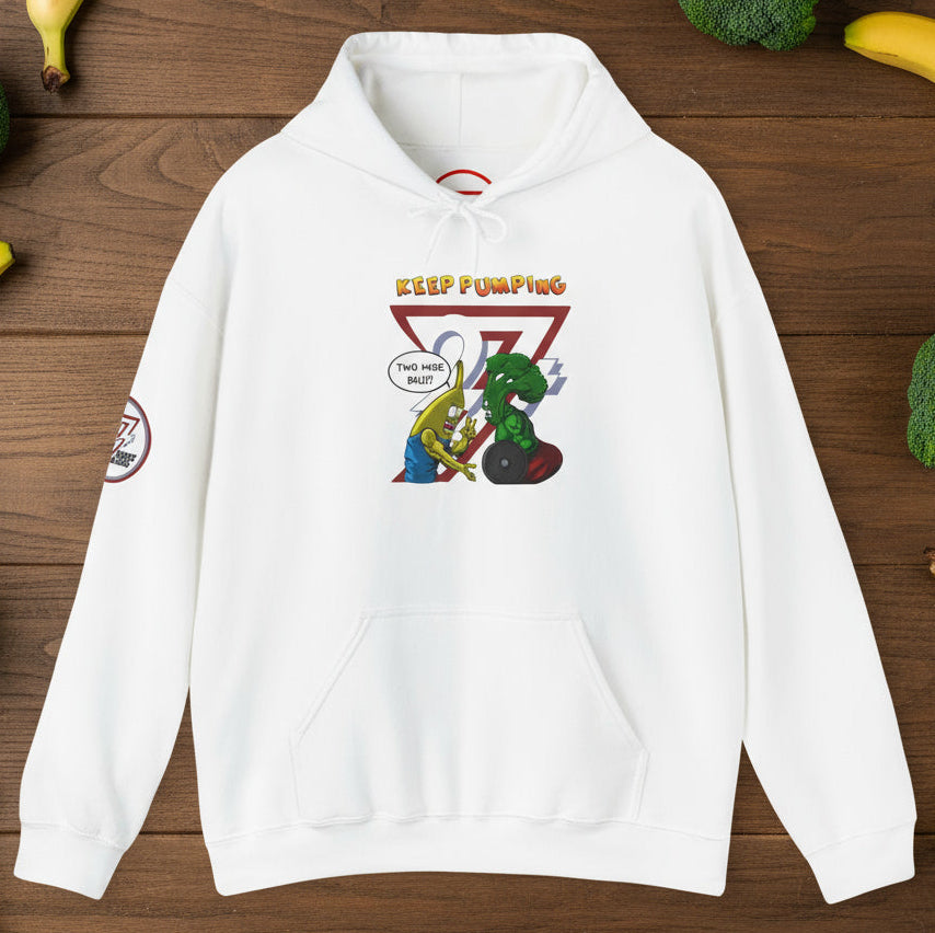 White hoodie with cartoon broccoli and banana workout illustration and kangaroo pocket