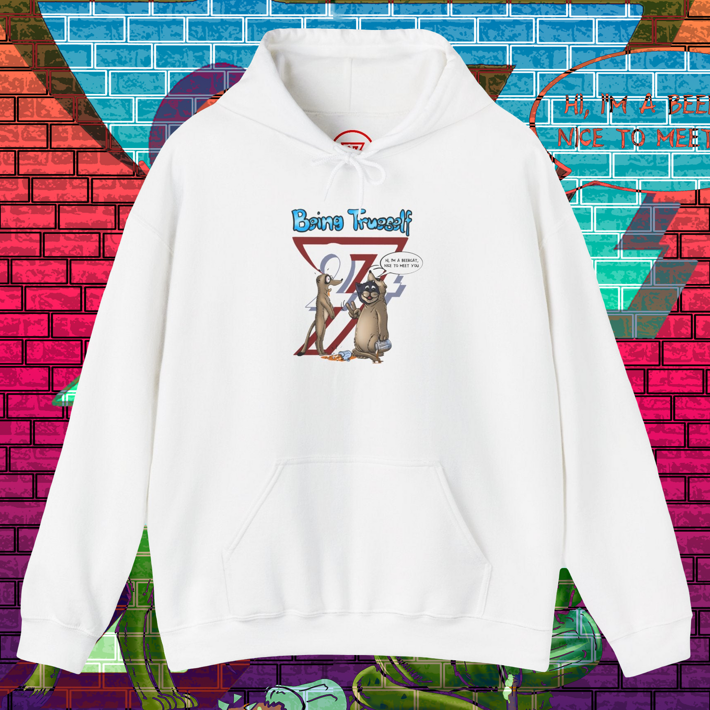 White hoodie with cartoon meerkat and cat illustration and "Being True-Self" text design