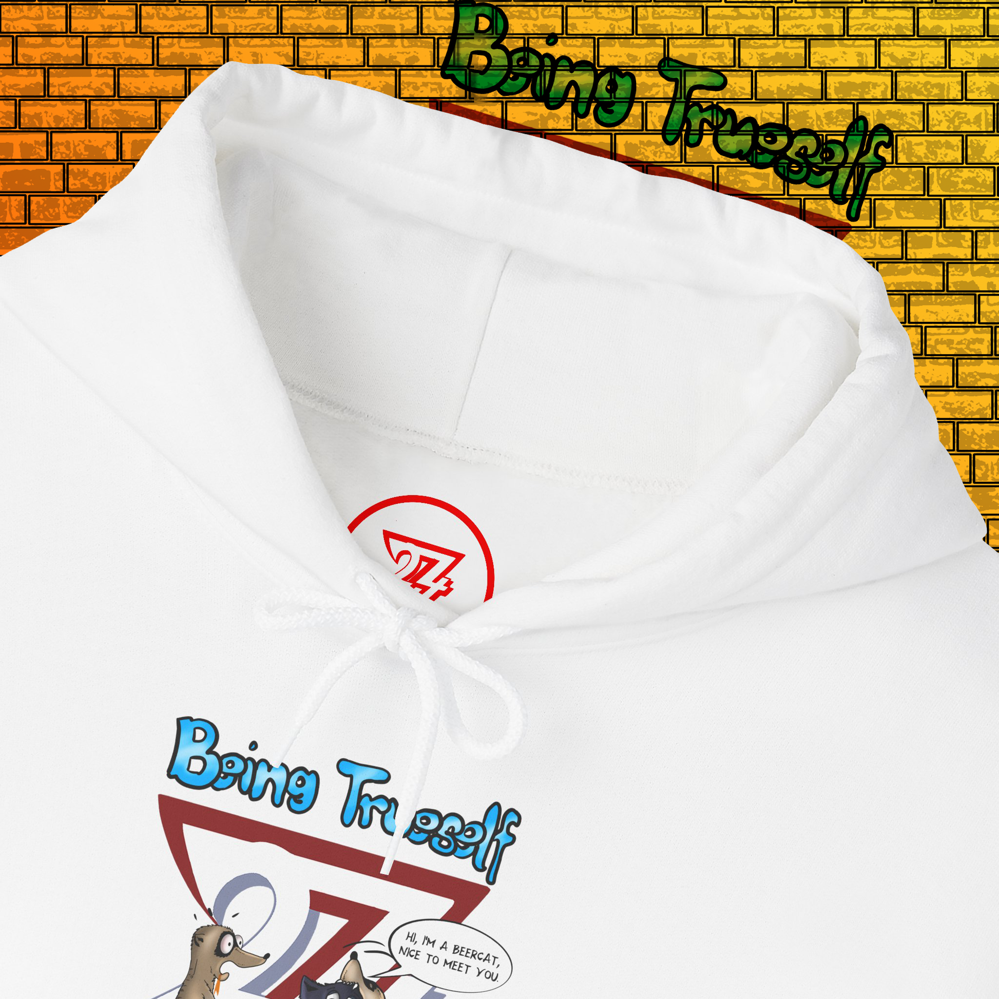 White hoodie with meerkat and cat cartoon design and "Being True-self" text, kangaroo pouch pocket, adjustable hood.
