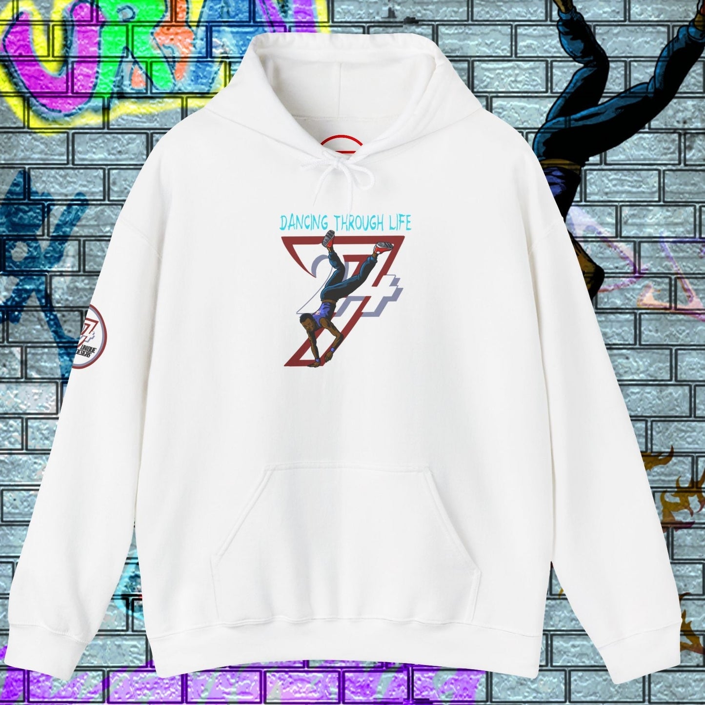 White street dance hoodie with hand-drawn dancer illustration and kangaroo pocket, men's urban streetwear design