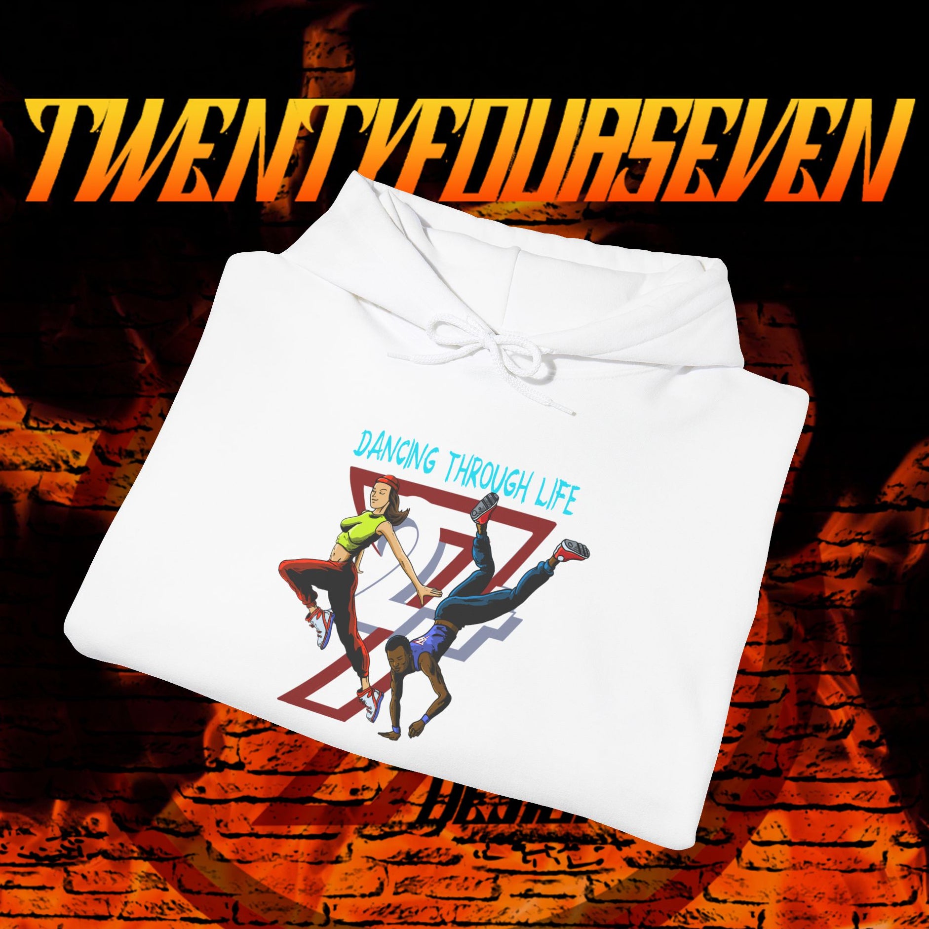 White streetwear hoodie with urban dancers graphic and "Dancing Through Life" text on front