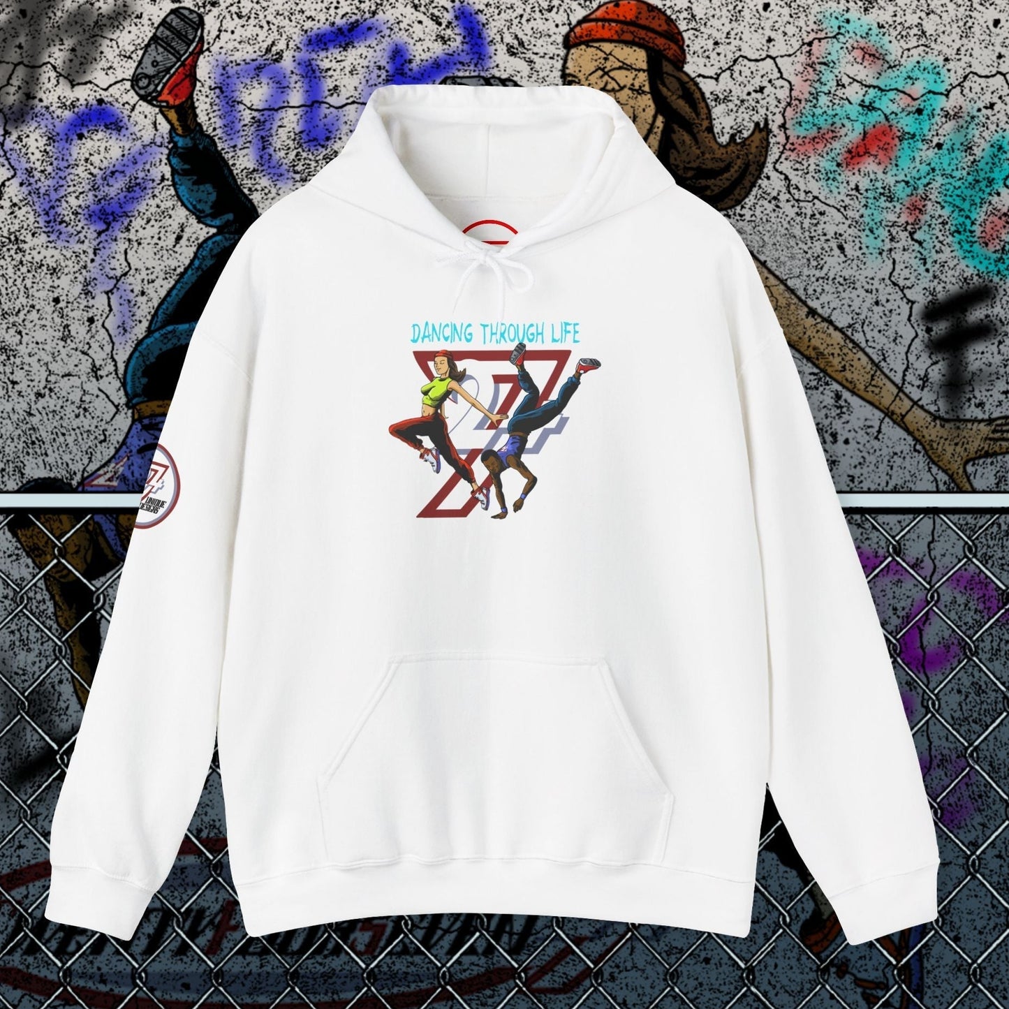 White streetwear hoodie with urban dance graphic and kangaroo pocket for hip-hop dancers and TikTok fans