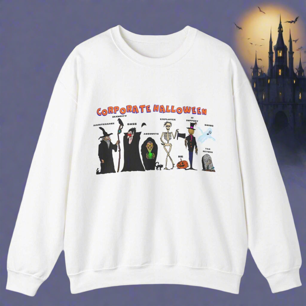 White sweatshirt with funny corporate Halloween characters graphic, cozy crew neck design, perfect for gifting colleagues.
