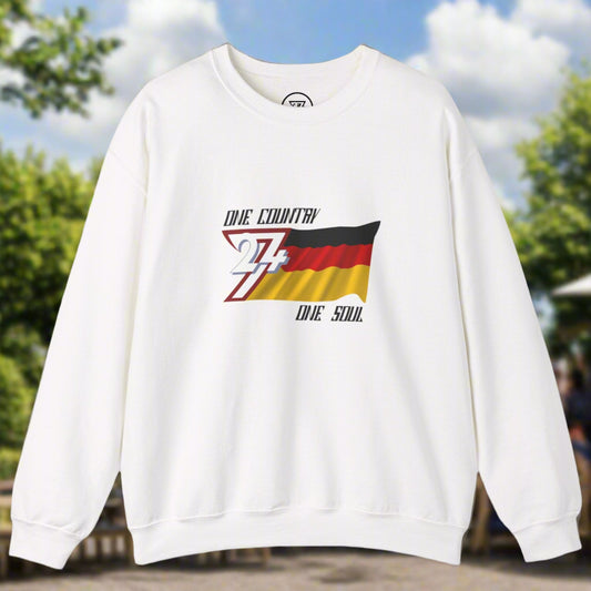White sweatshirt with Germany flag design and text on chest