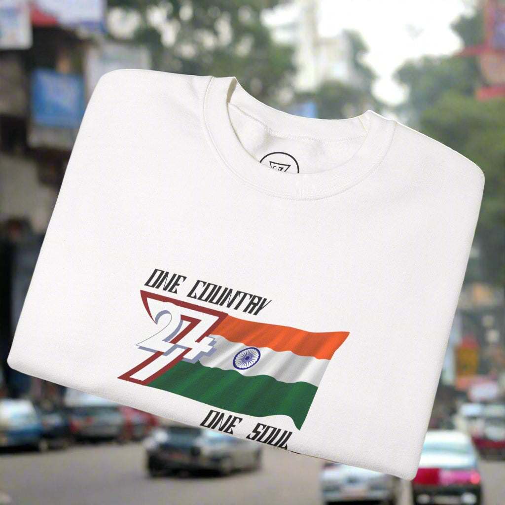 White sweatshirt with India flag design and "One country one soul" slogan on the chest