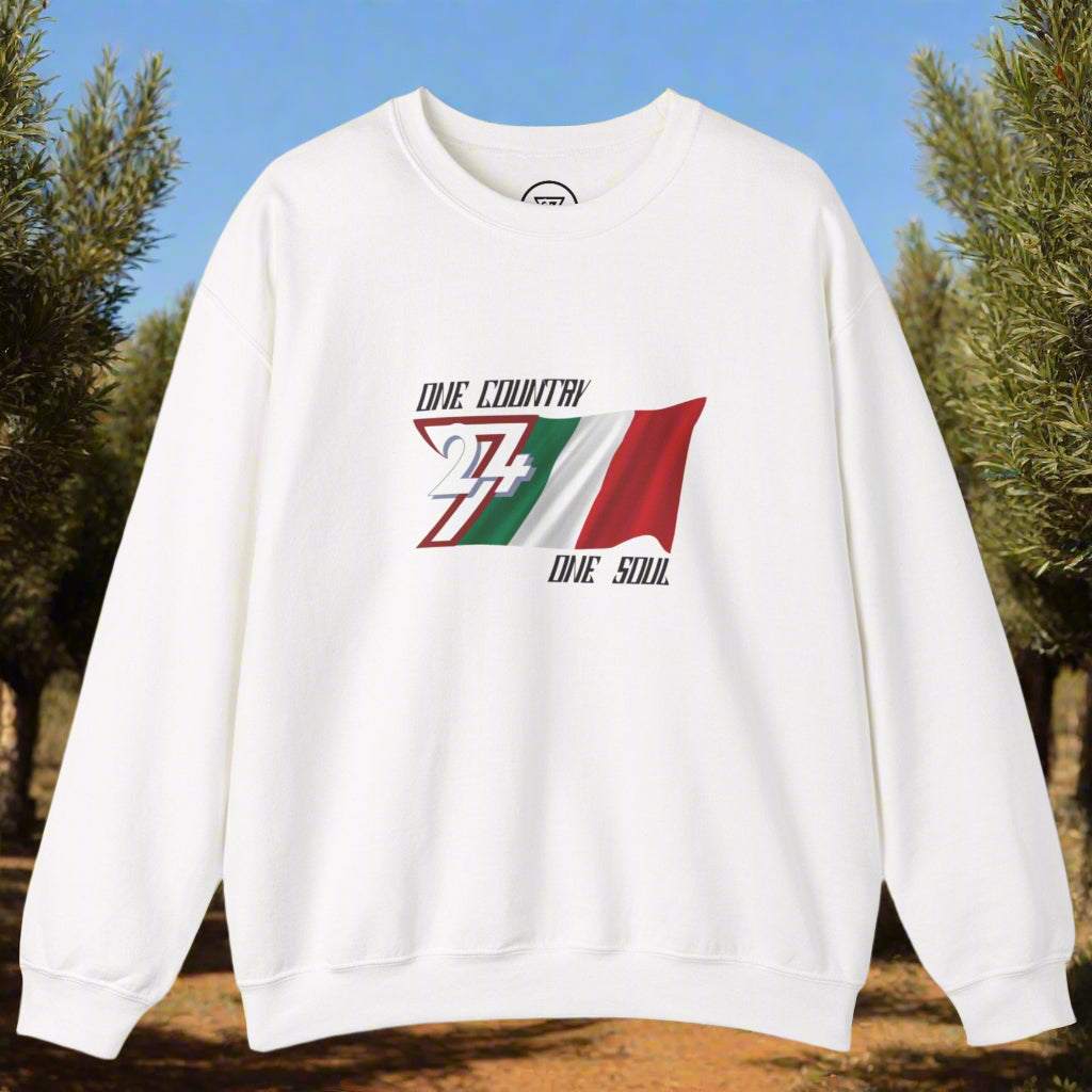 White sweatshirt with hand-drawn Italian flag design and "One Country One Soul" text, perfect for sports events and national pride.