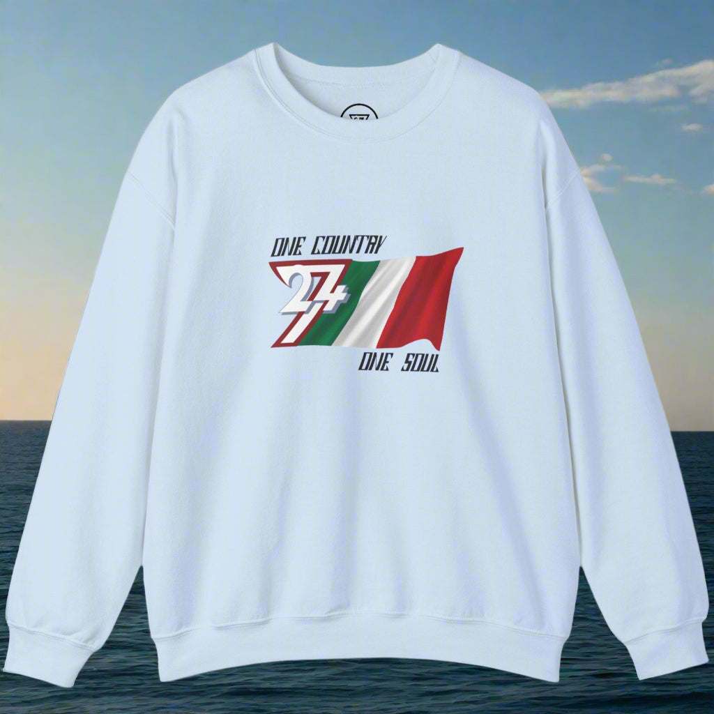 White sweatshirt with hand-drawn Italian flag design and slogan "One Country One Soul" for national pride and sports events