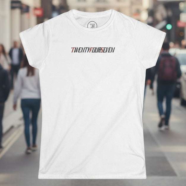 White t-shirt for women with bold "twentyfourseven" text design, stylish and comfortable for night outs and parties