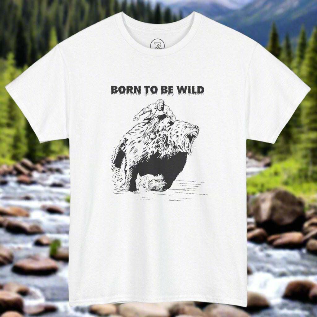 White vintage comic style bear on t-shirt featuring a black outline bear and "Born to be Wild" text for nature lovers.