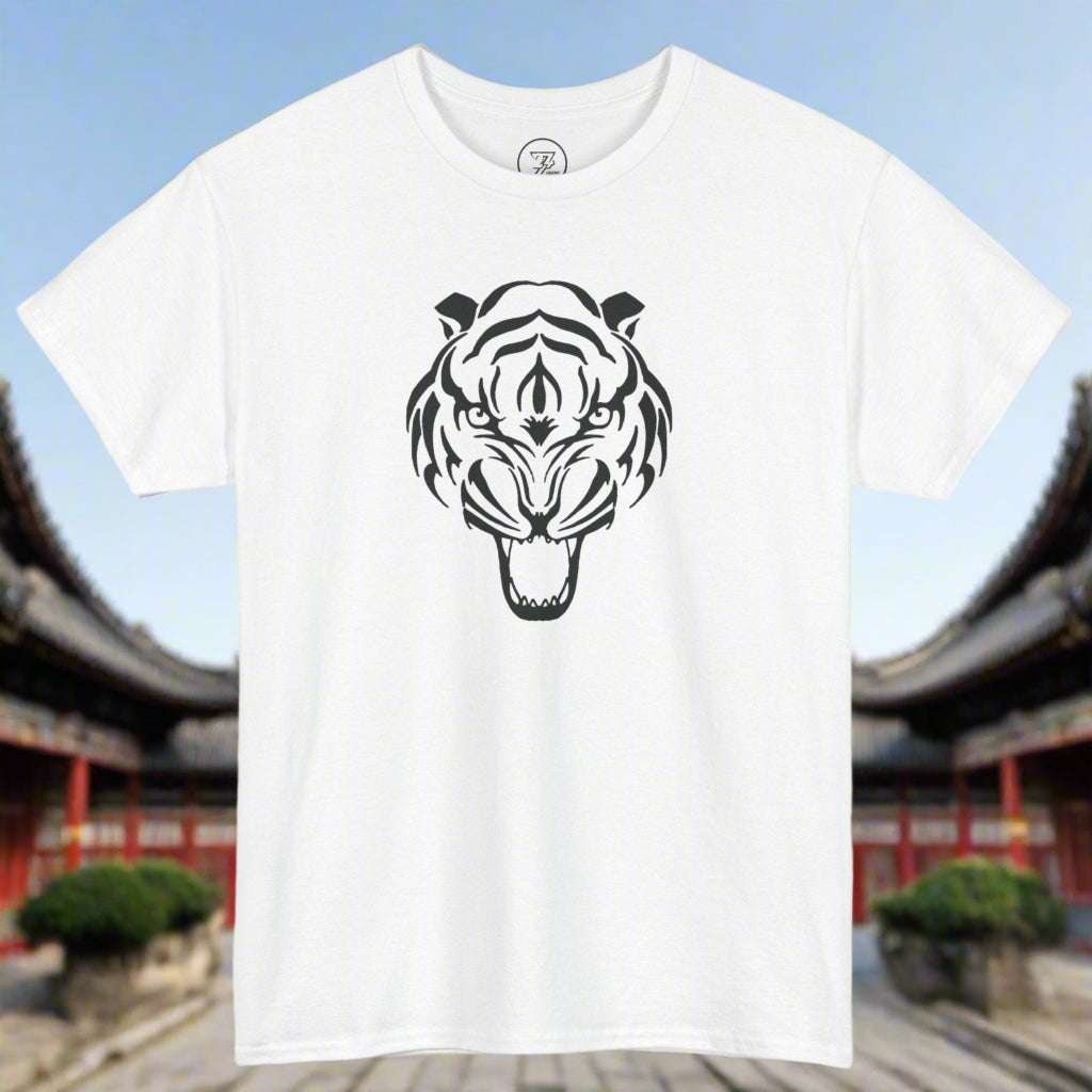 White unisex heavy cotton t-shirt with bold black tiger head design on front, suitable for martial arts enthusiasts and casual wear.