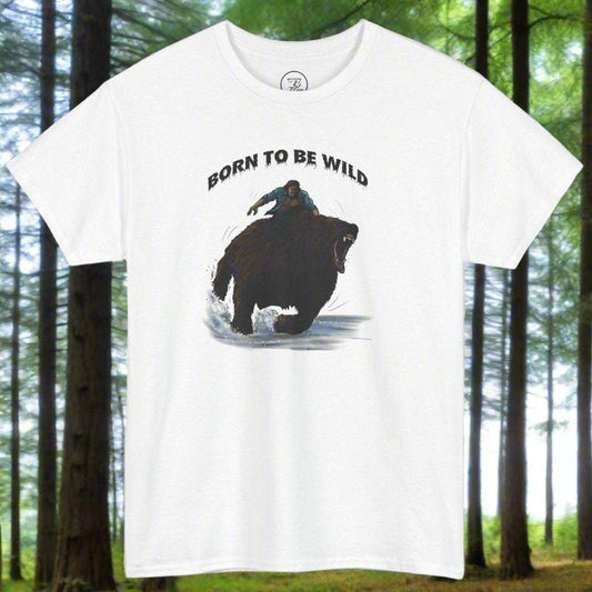 White vintage style bear shirt with "Born to Be Wild" comic design and rider on bear illustration