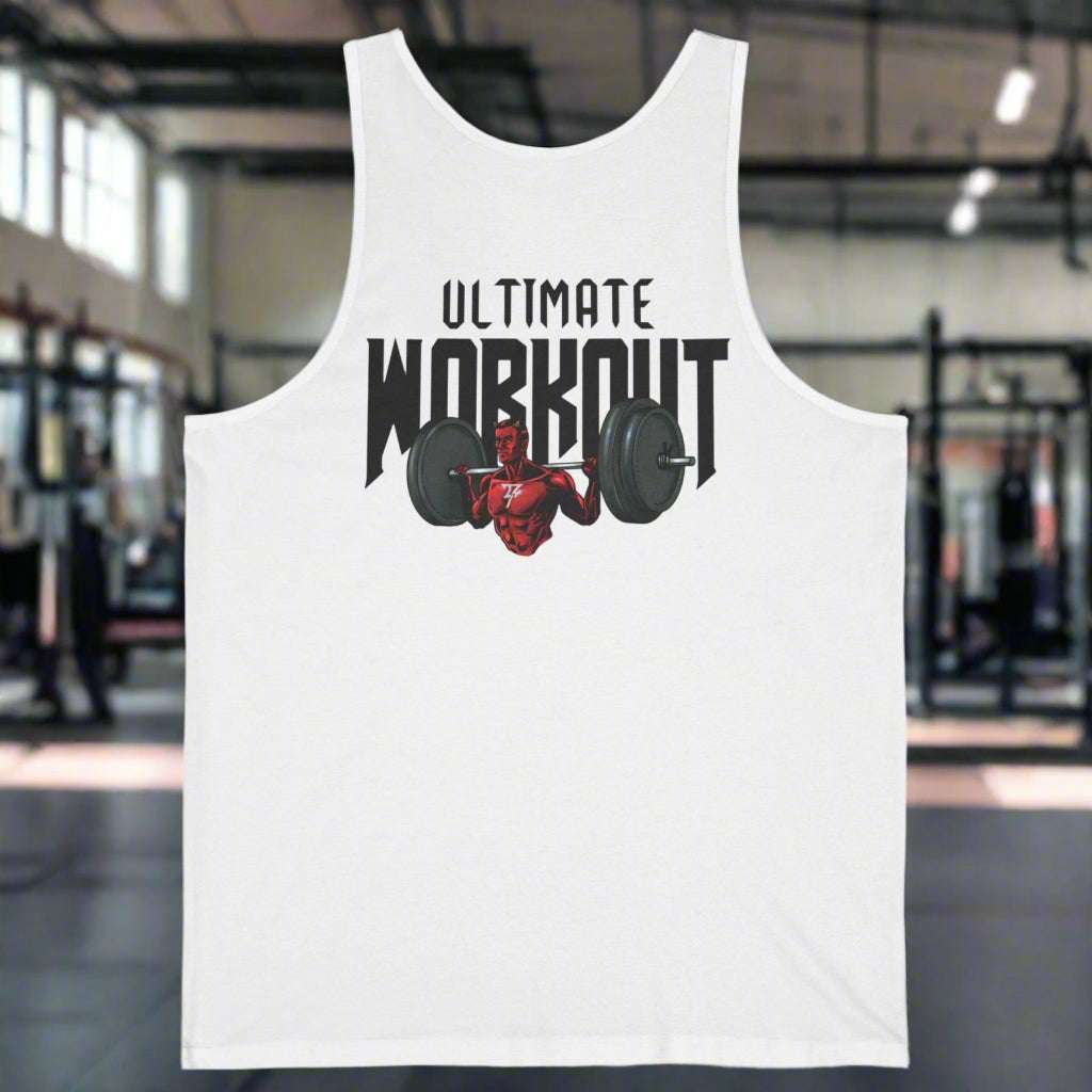 White workout tank top with "Ultimate Workout" text and barbell graphic, designed for gym and casual wear.